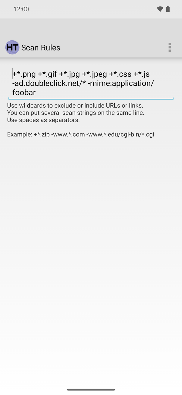 Android Scan Rules tab