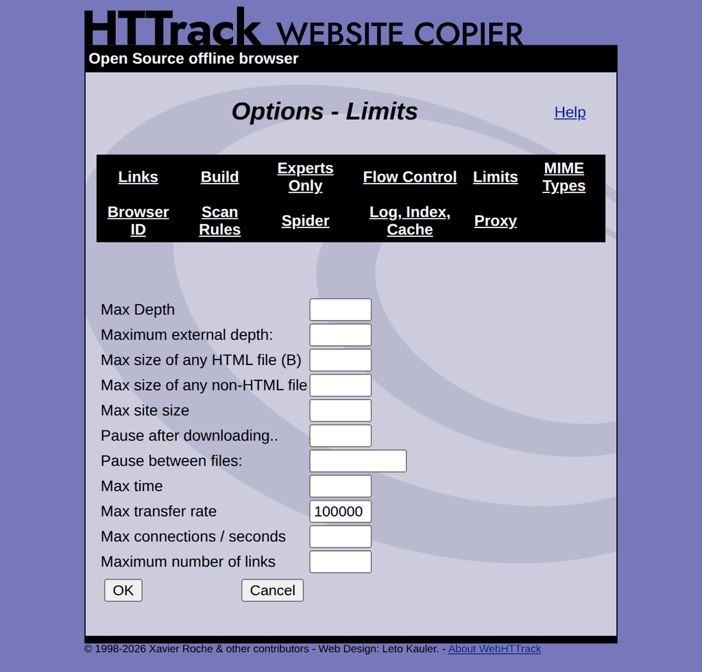 WebHTTrack Limits tab