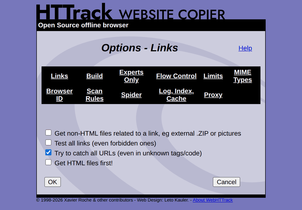 WebHTTrack Links tab
