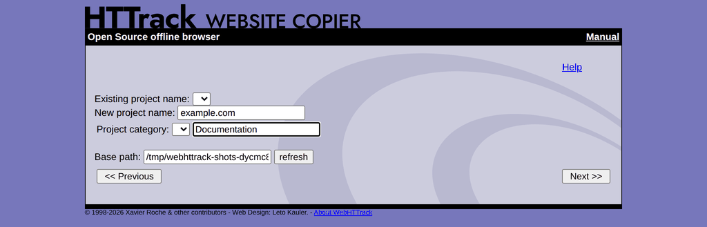 WebHTTrack project name, category and base path