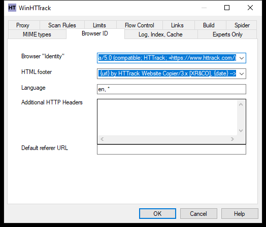 WinHTTrack Browser ID tab