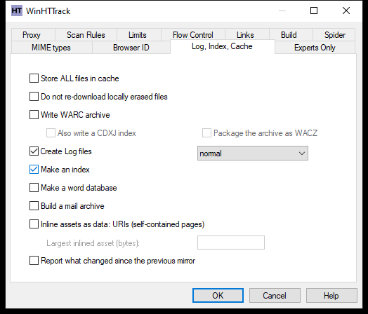 WinHTTrack Log, Index, Cache tab