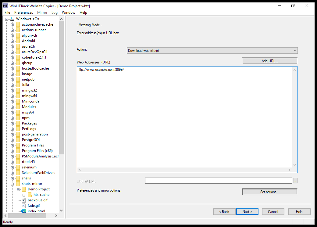 WinHTTrack action and web addresses